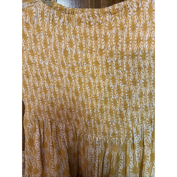 FREE PEOPLE Sweet Annie Smocked Mini Dress Mustard Block Print Floral Sz small - Picture 5 of 7